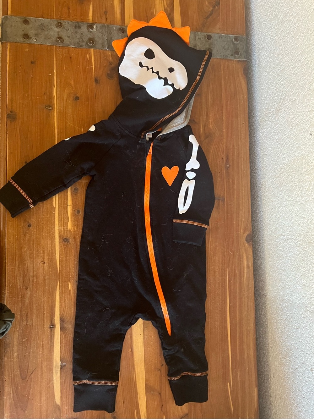 Cat & Jack Black One-Piece with Orange Dino Hood and Skeleton Print